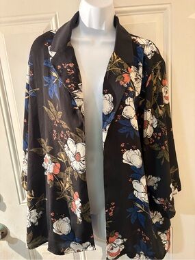 Slenderizing Black Floral Open Kimono Jacket,Messini,Lightweight #Casual,#Career